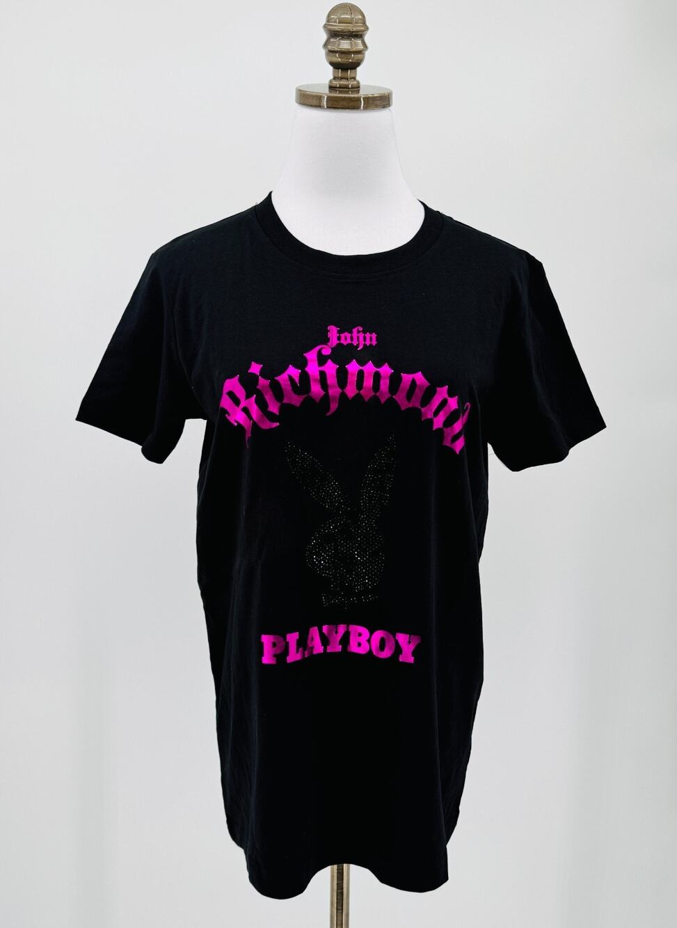 John Richmond x Playboy Black Rhinestone Graphic Cotton Crew T Shirt Sz M